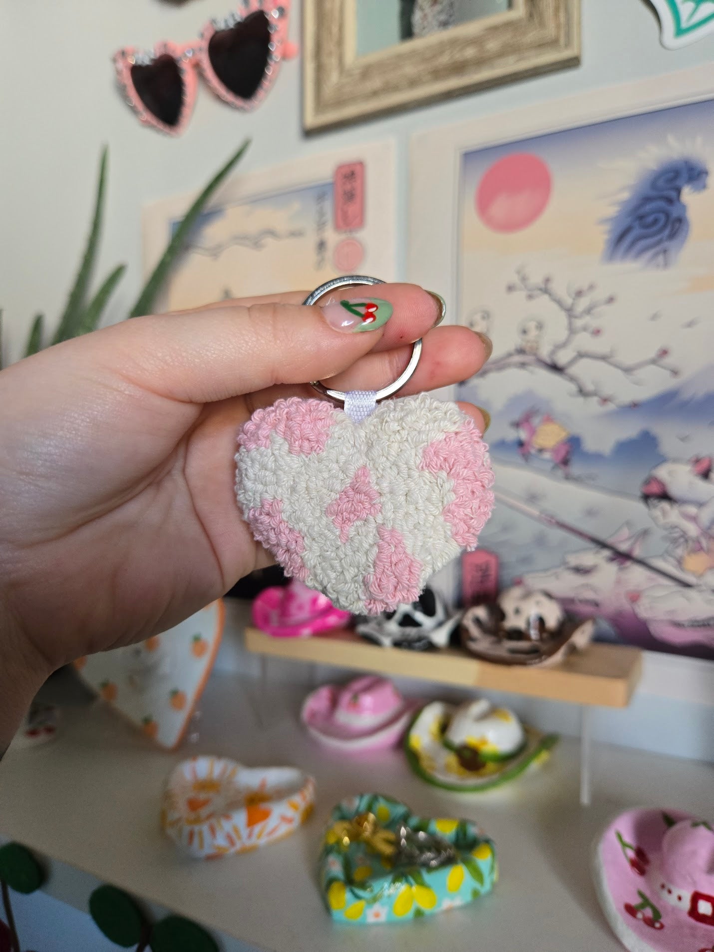 Heart Cow Print Keychain - Pink & White