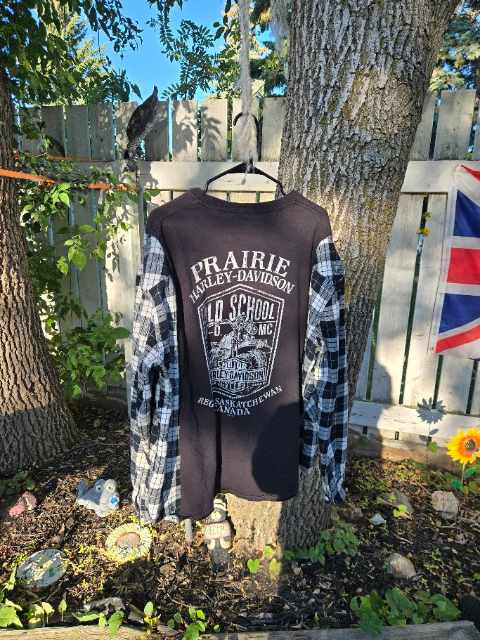 Harley Tee Upcycled with Black + White Flannel Sleeves
