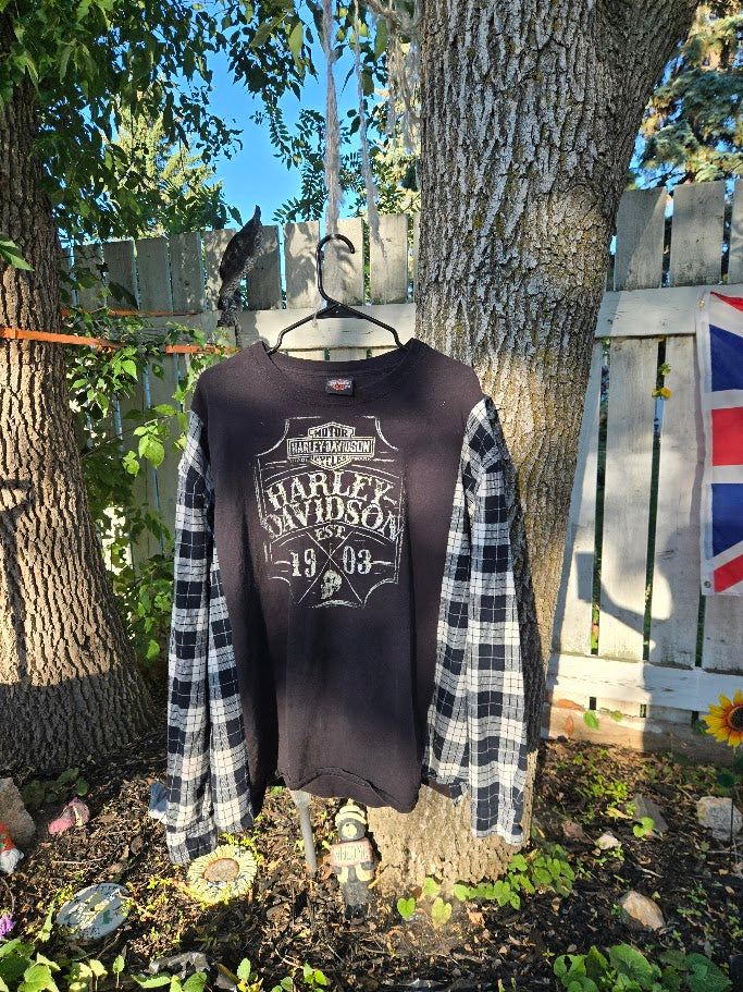 Harley Tee Upcycled with Black + White Flannel Sleeves