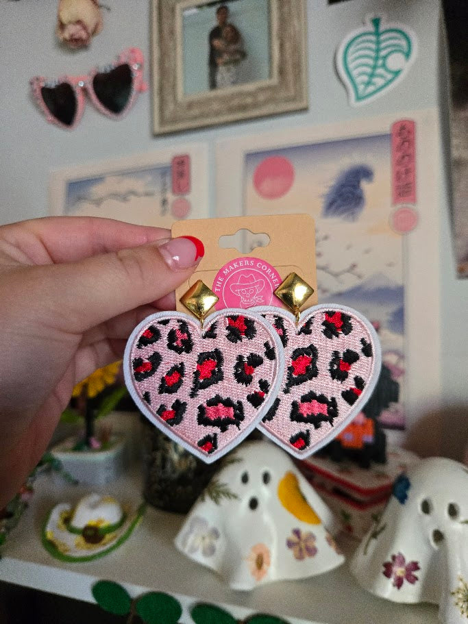 Pink Leopard Print Heart Earrings