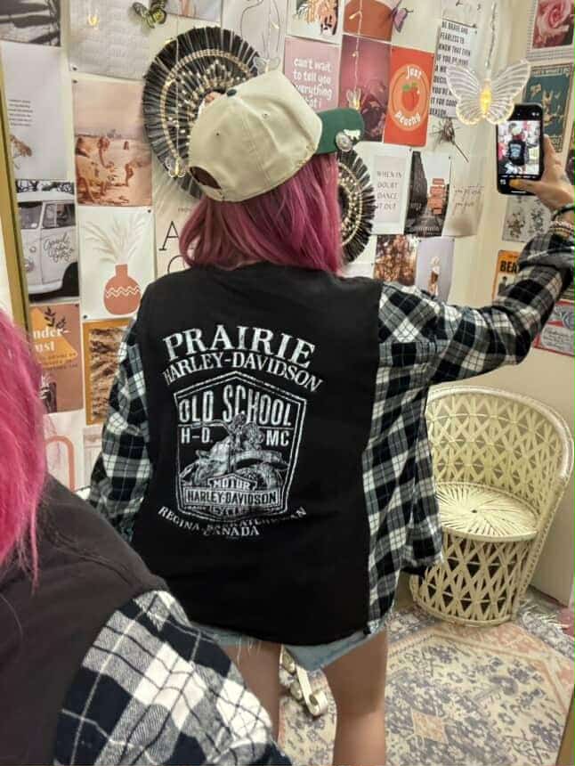 Harley Tee Upcycled with Black + White Flannel Sleeves