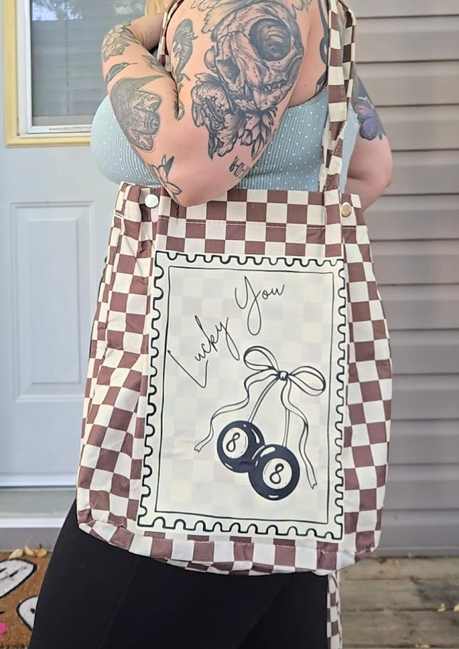 Lucky You Checkerboard Tote Bag in Brown and Cream