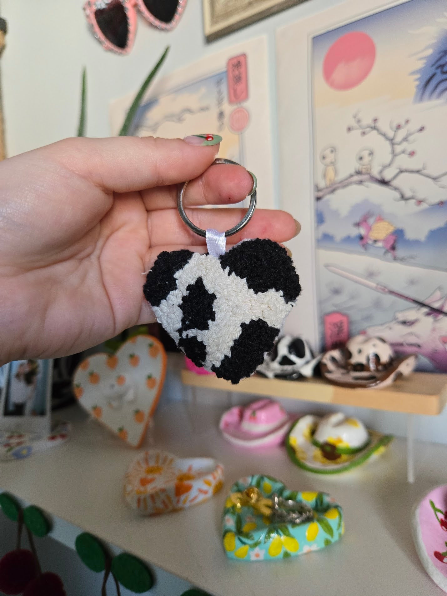 Heart Cow Print Keychain - Black & White