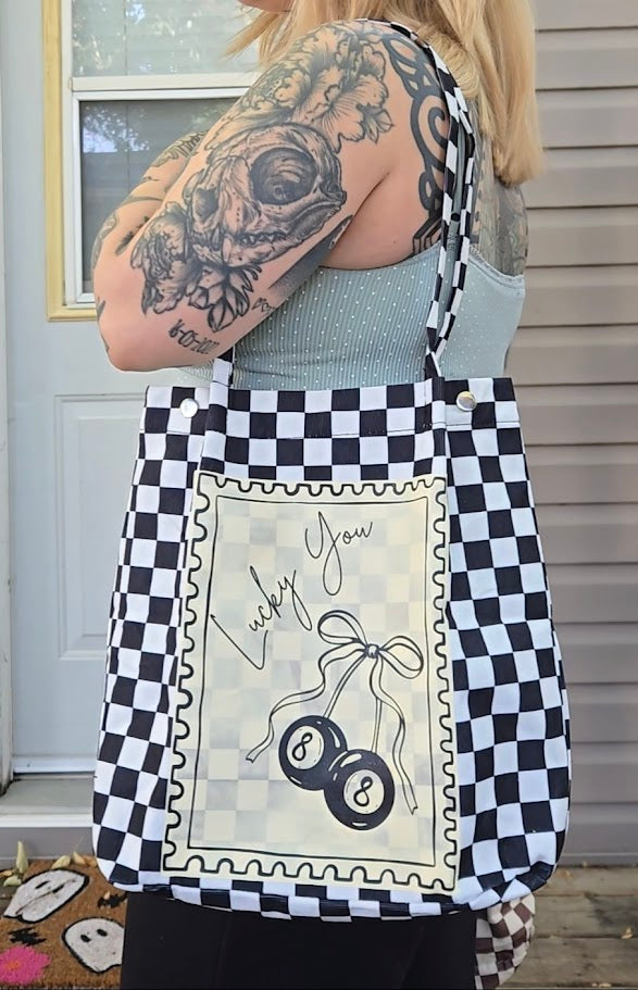 Lucky You Checkerboard Tote Bag in Black and White