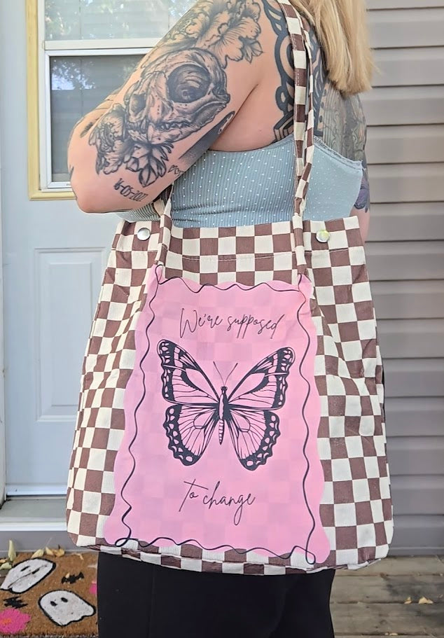Butterfly Checkerboard Tote Bag in Brown and Cream