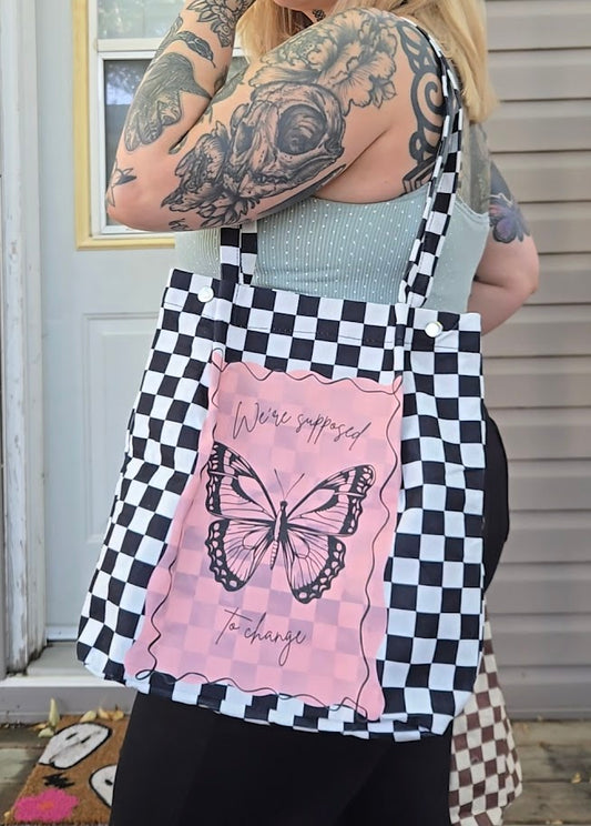 Butterfly Checkerboard Tote Bag in Black and White
